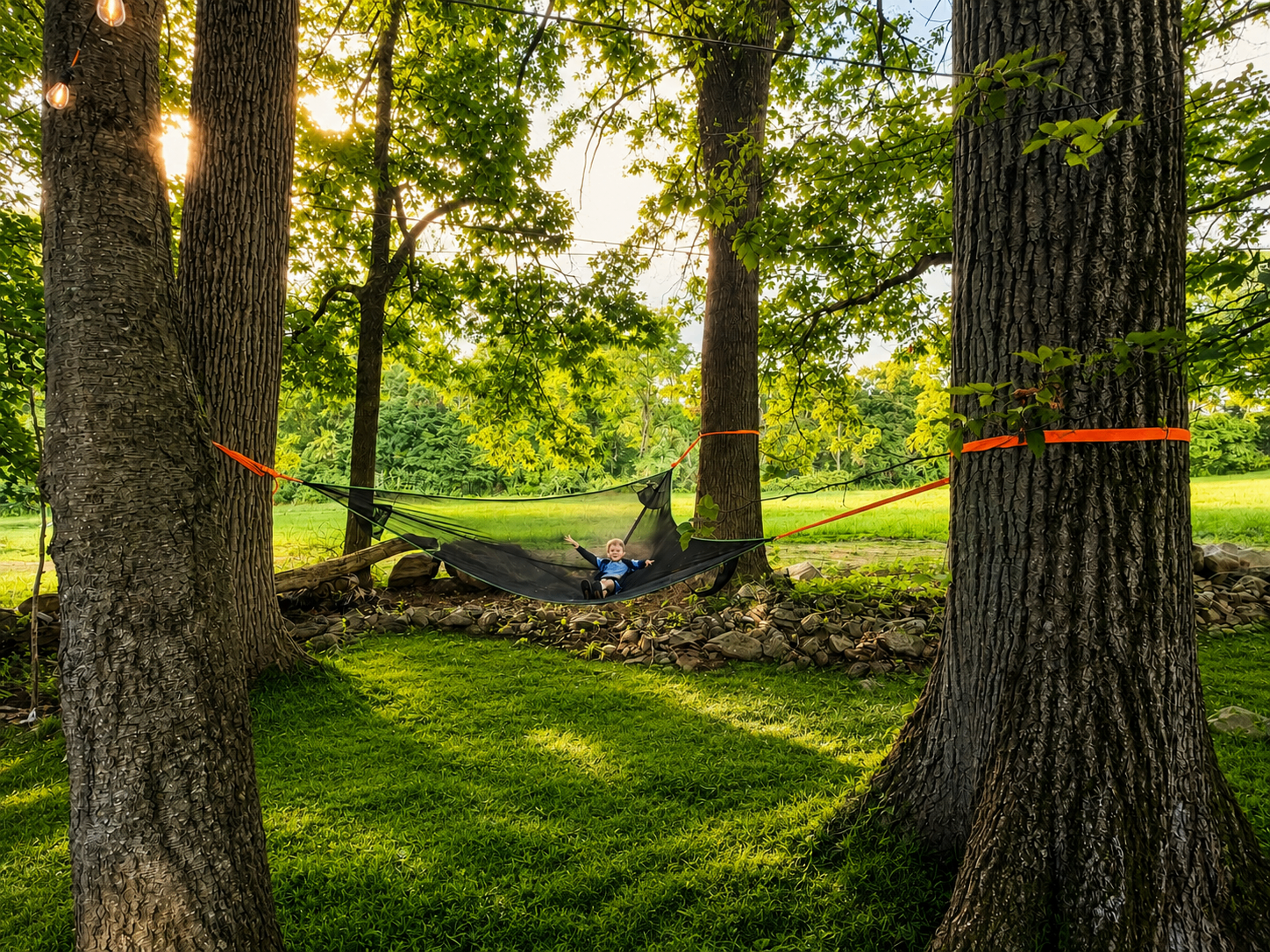 Child in a hammock strung between trees at golden hour